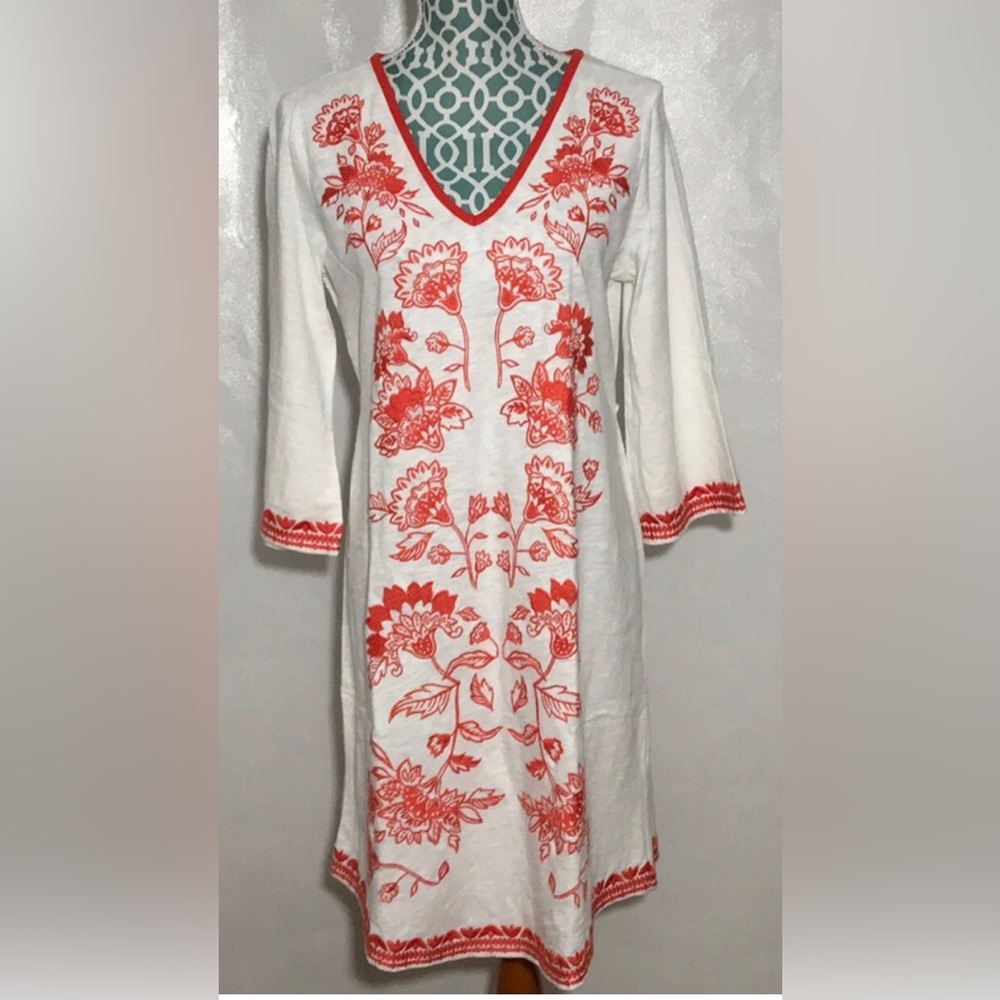 Boden Clemmie Embroidered Jersey Cotton Shift Dress White Orange Red Size 6 US